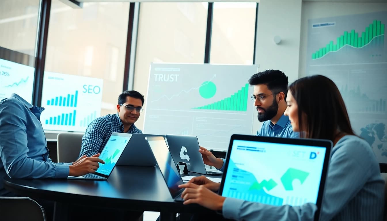 Team collaborating on SEO services strategies with data analysis and growth metrics.