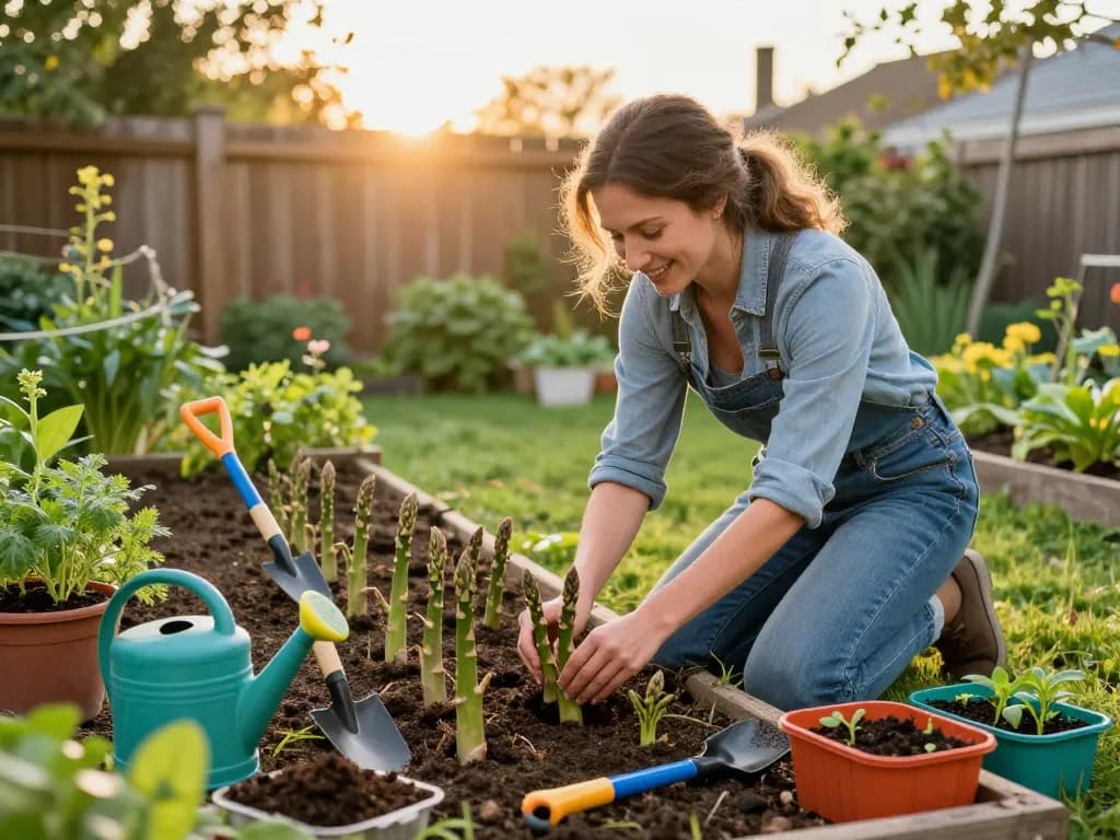 Gardener tending to asparagus moestuin with colorful tools and vibrant plants in a sunlit backyard.