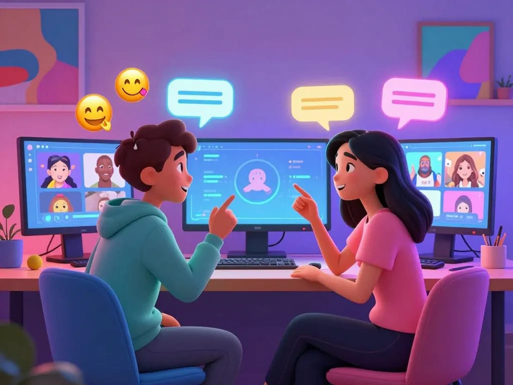 Engaging virtual scene illustrating nsfw ai chat with animated characters interacting in a stylish digital environment.
