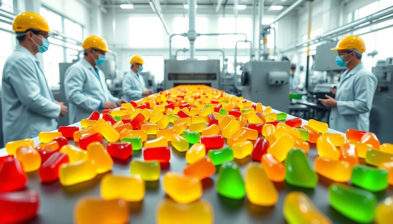 Gummy supplement manufacture in a modern factory showcasing colorful gummy production.