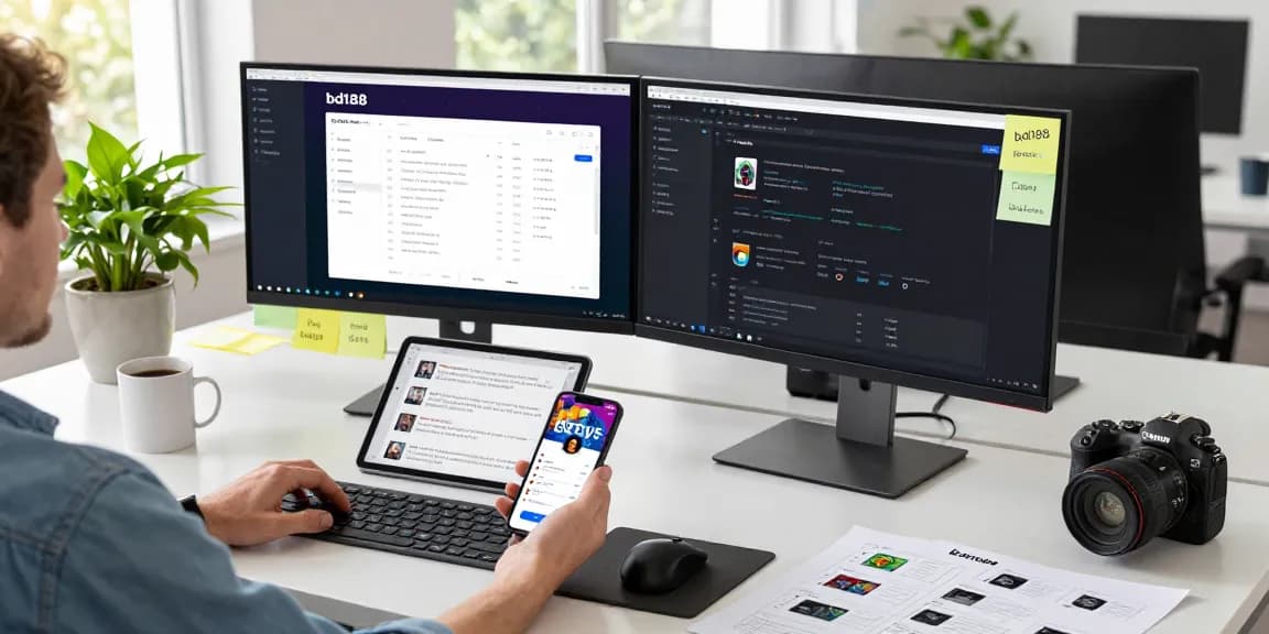 Isang developer na ginagamit ang bd188 para sa mobile app development sa isang moderno at maliwanag na opisina.