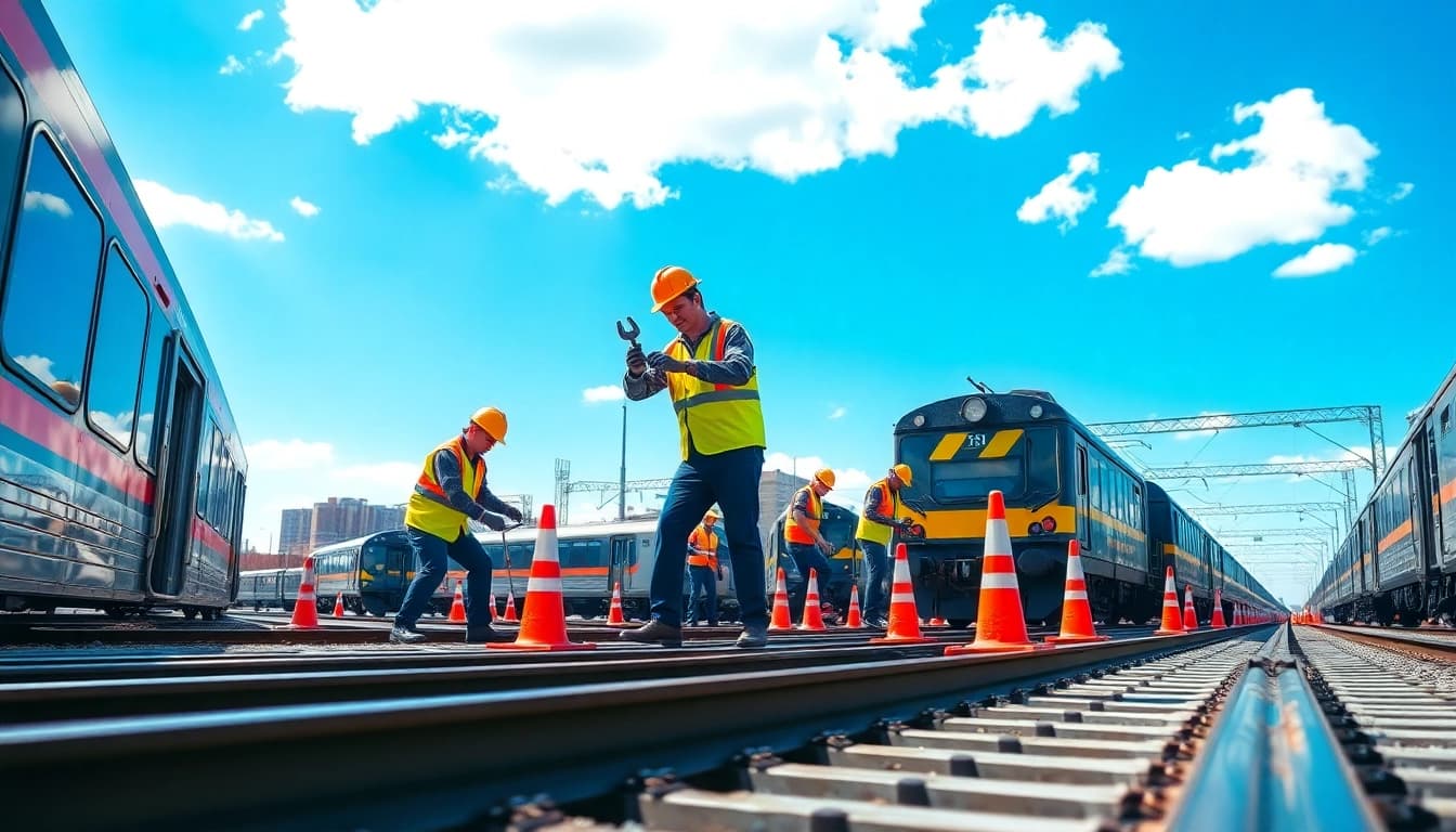 Railway maintenance crew inspecting tracks for safety and efficiency in an urban environment.