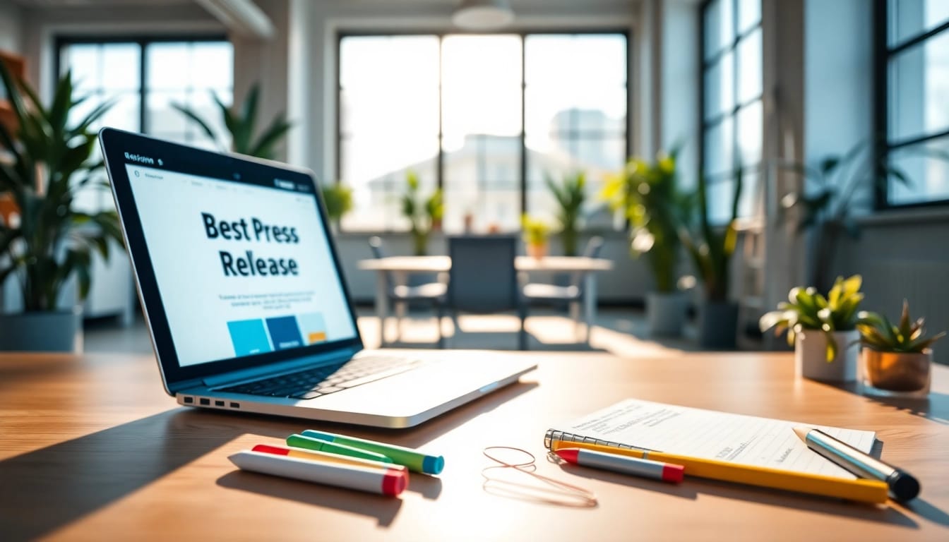 Showcase a laptop and workspace depicting the Best Press release website in a professional setting.