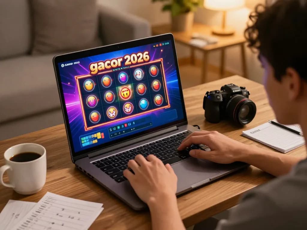 Engaging with thrilling slot gacor 2026 gameplay on a laptop in a cozy home environment.