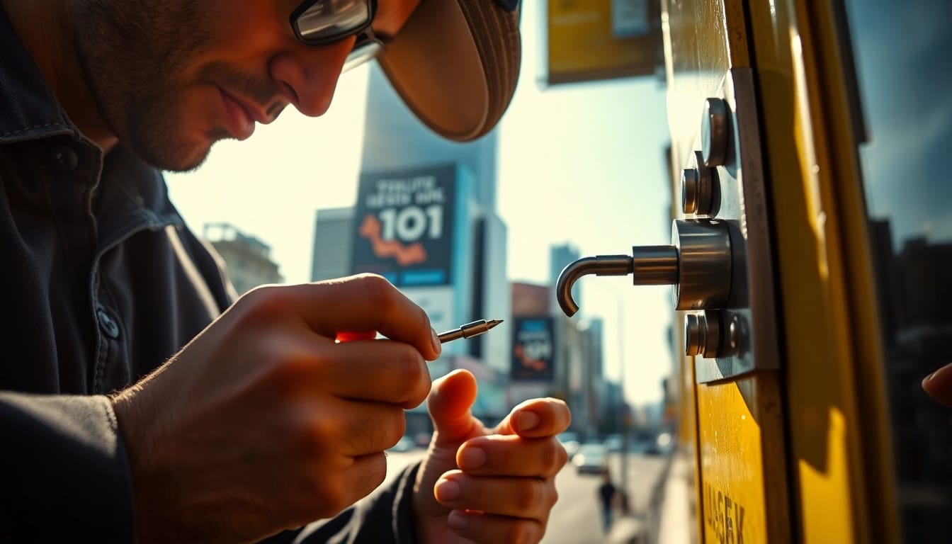 Locksmith near me expertly picking a lock, showcasing skills in a vibrant urban environment.