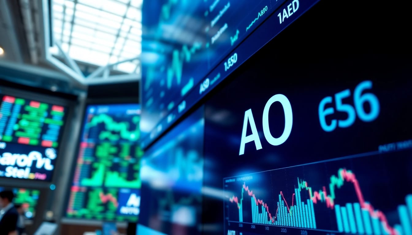 Monitor showcasing the AON stock price with fluctuating charts and financial data.