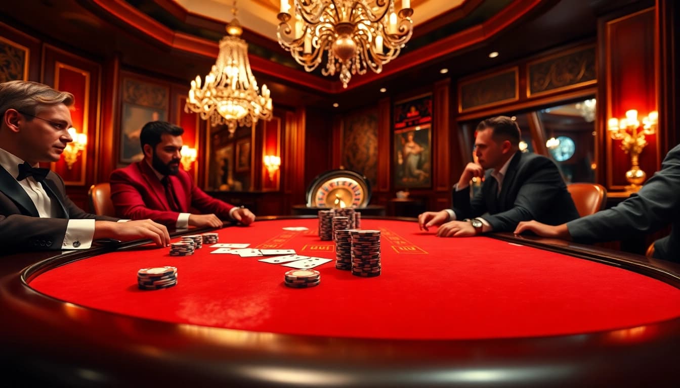 Vivez l'excitation du jeu au meilleur casino en ligne avec une action de poker animée et une ambiance luxueuse.