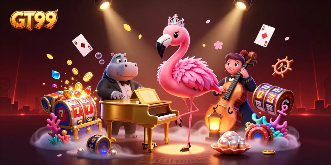 Win big with GT99's vibrant casino scene featuring a flamingo singer and a hippo bassist.