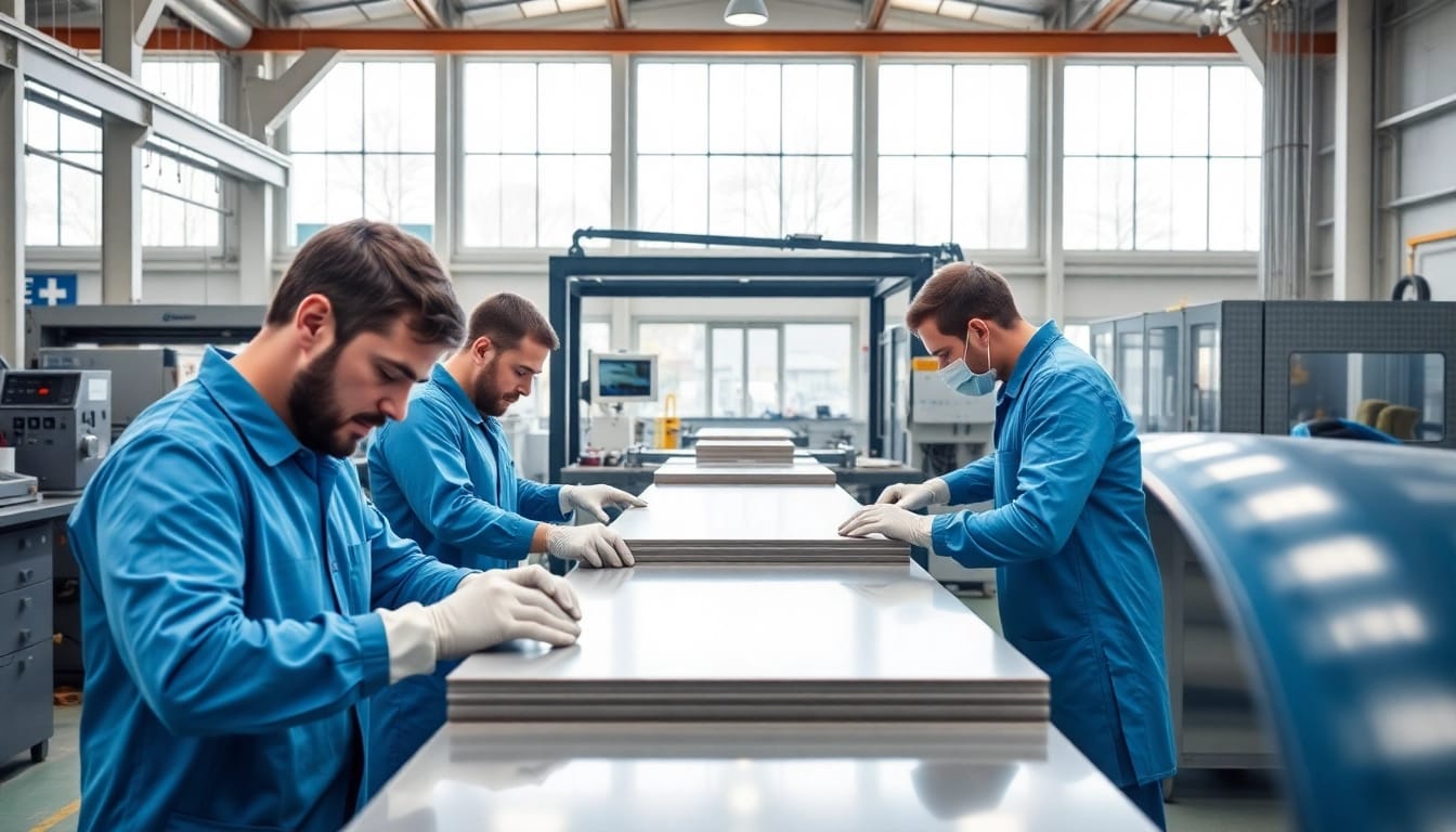 GRP Manufacturer technicians expertly crafting advanced composite materials in a bright facility.