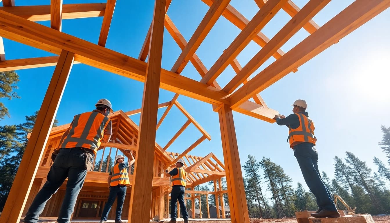 Constructing timber frame solutions with skilled workers on site, showcasing craftsmanship.