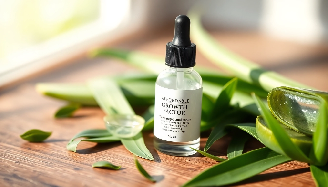 Admiring the affordable growth factor serum in natural skincare setting with green tea and aloe.