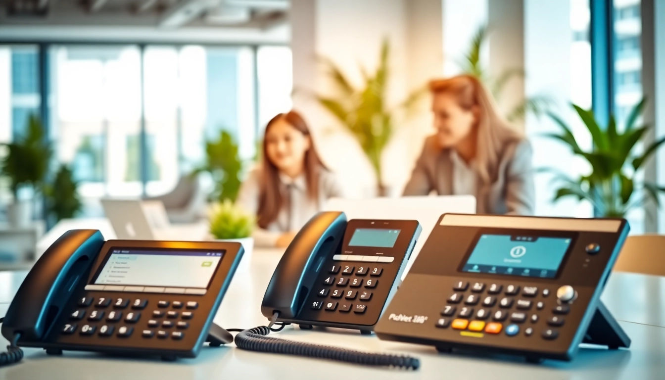 Engaged employees using office phone systems in a contemporary workspace.