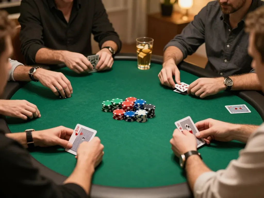 Excited players strategizing around green felt poker table with giường bệnh nhân adaptations for enhanced comfort.