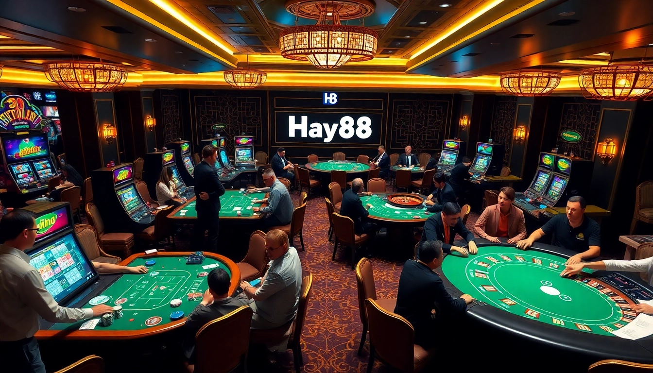 Excited players enjoying a luxurious Hay88 casino gaming experience with poker and roulette.