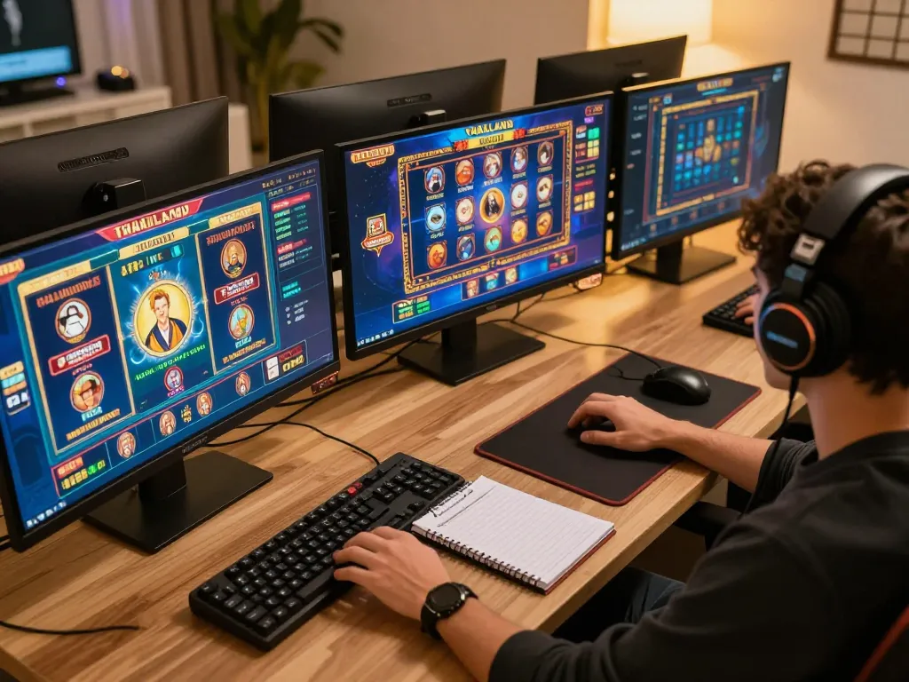 Engaging in thailand slot games on a dual monitor setup in a cozy home gaming area.
