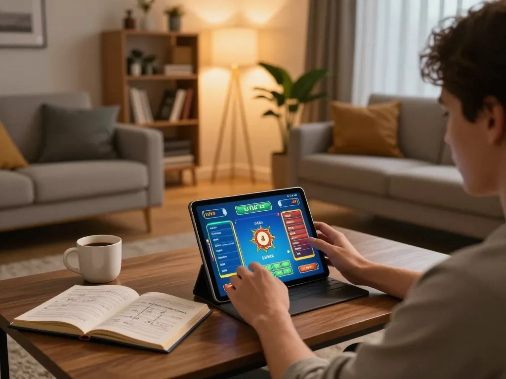 Lô đề online gaming on a tablet in a cozy home setup with strategic notes visible.