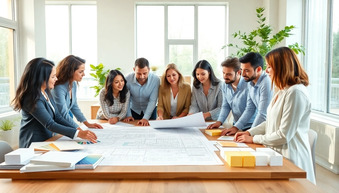 Residential architects for home renovation collaborating on design plans in a bright, modern office.