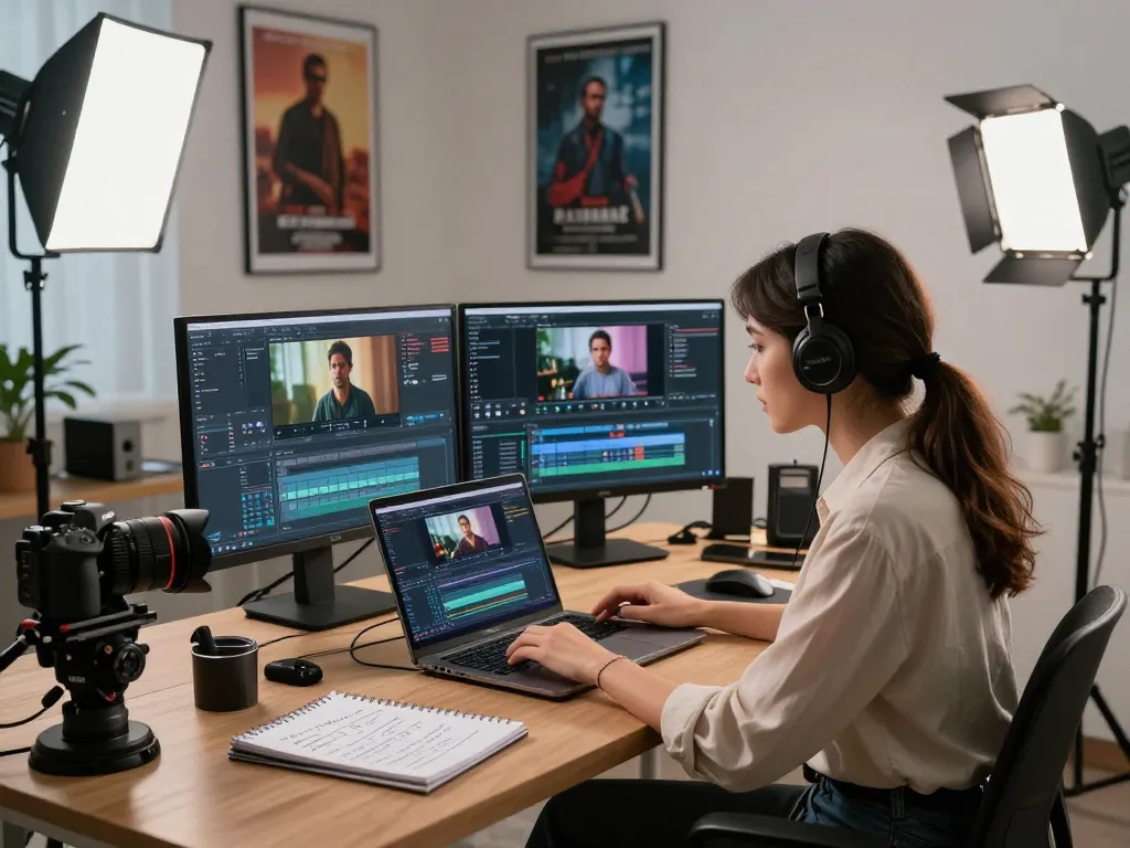 Creative professional using video to prompt AI in a modern studio with dual screens and filming equipment.