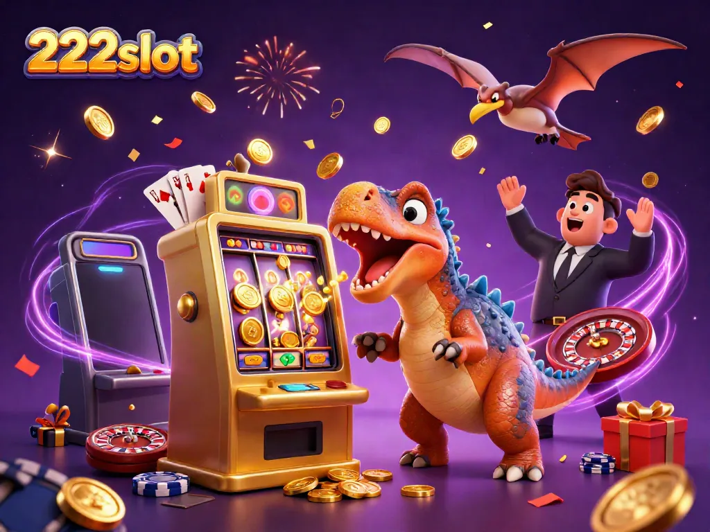 222slot memicu jackpot dengan dinosaur 3D dalam suasana kasino penuh koin emas dan permainan.