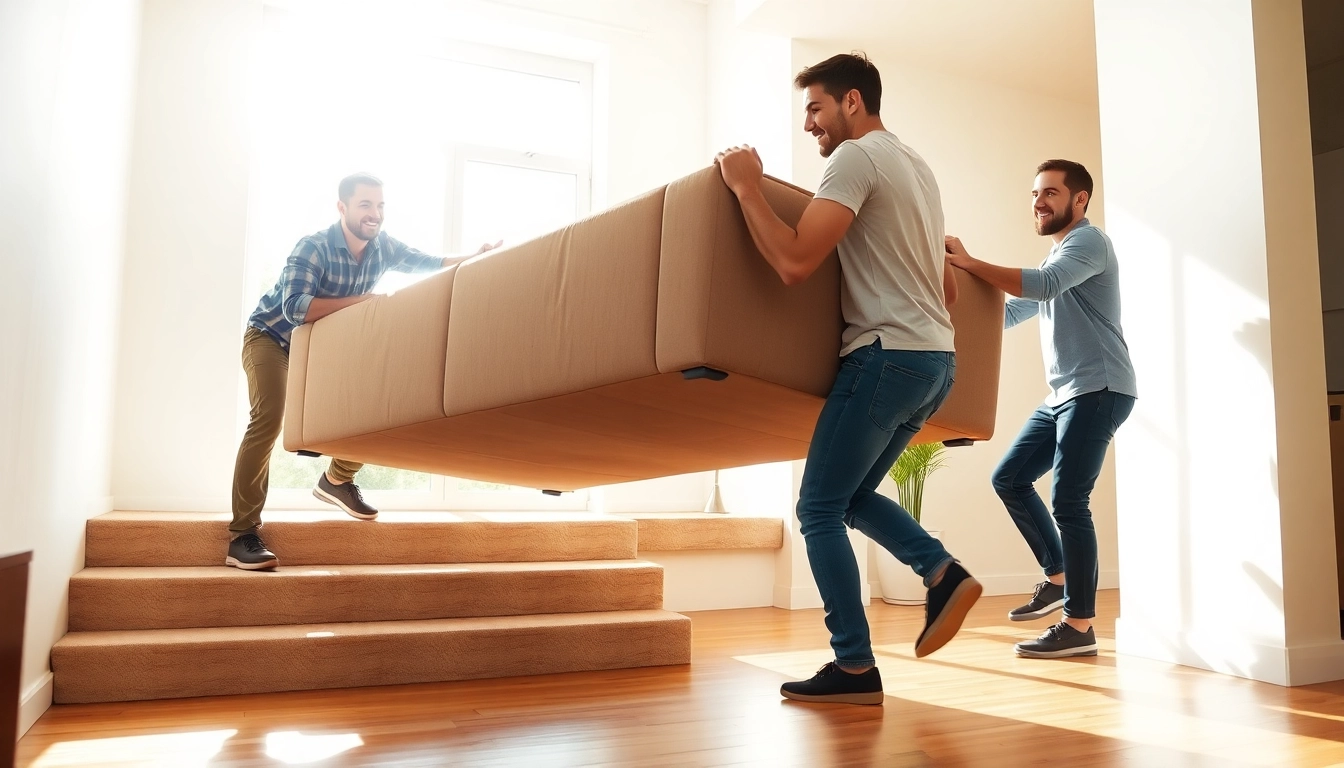 Local movers boston lifting a sofa in a bright apartment, showcasing teamwork and professionalism.