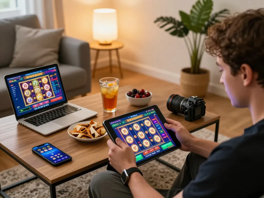 Engaging with slot 777 on a tablet in a cozy home gaming setup with snacks and ambient lighting.