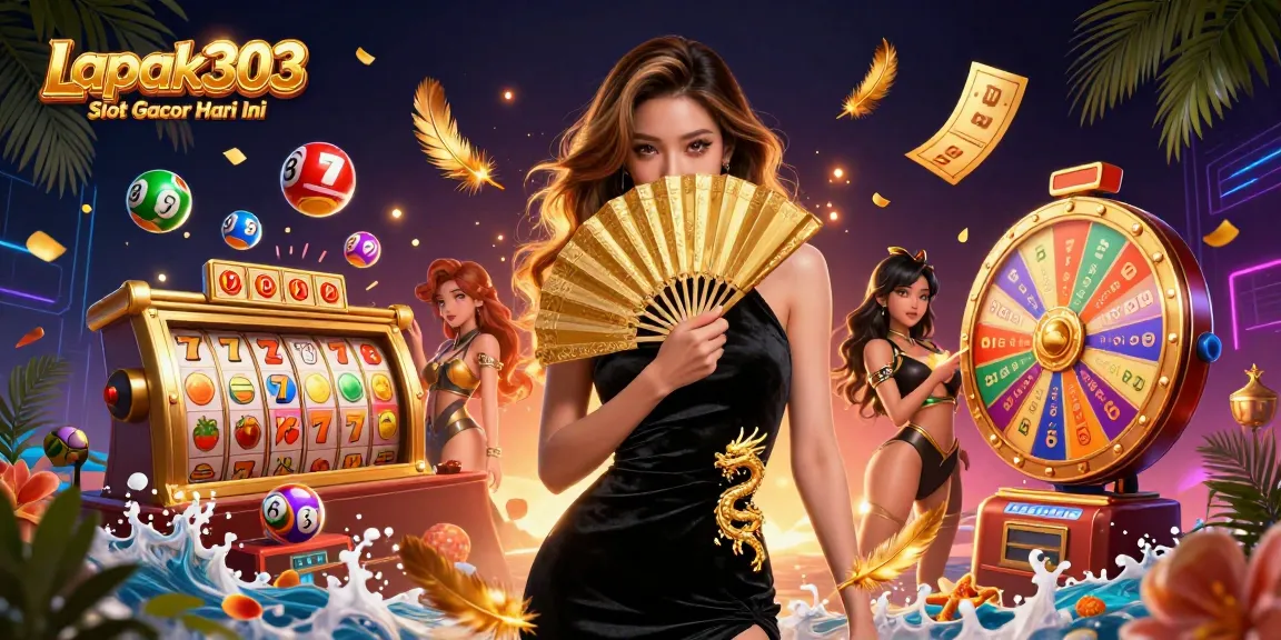 Engage with Lapak303 Slot Gacor Hari Ini through captivating illustrations of vibrant slot gaming elements and a stunning character.