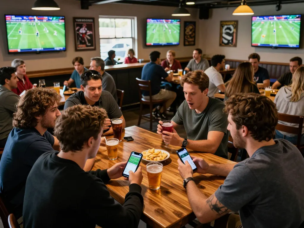 Engaging group excitedly following Trực tiếp bóng đá CakhiaTV at a vibrant sports bar, showcasing the thrill of game day.