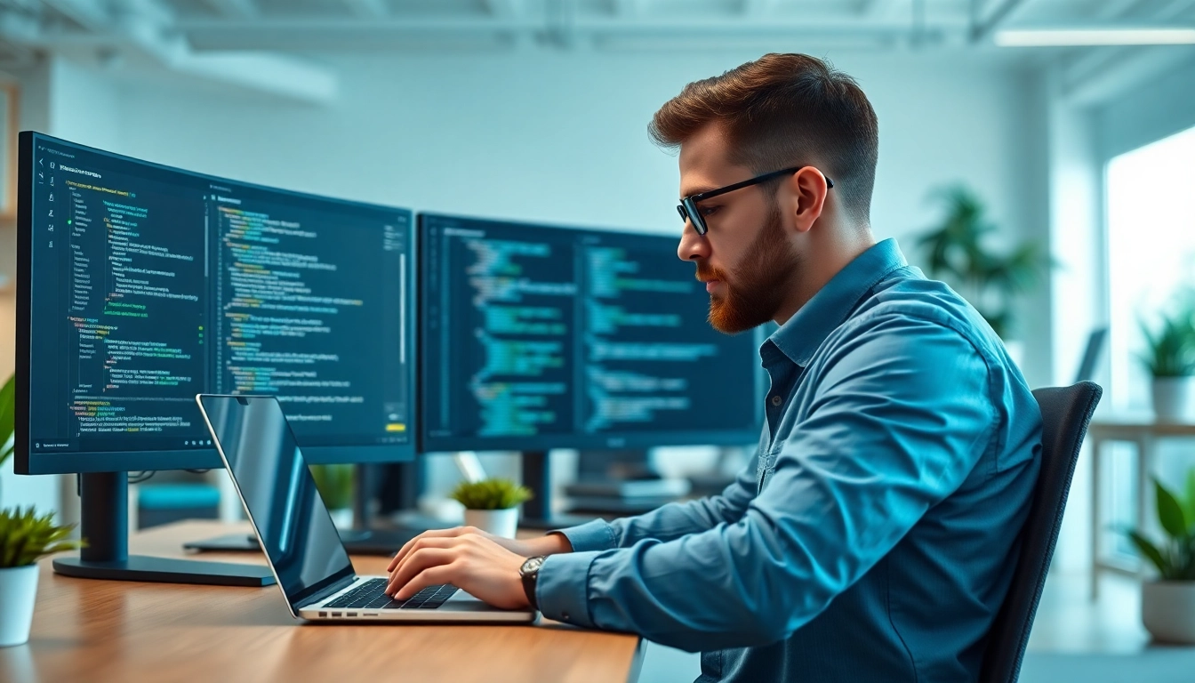 DoesQA's software engineer writing automated test scripts in a bright office environment.