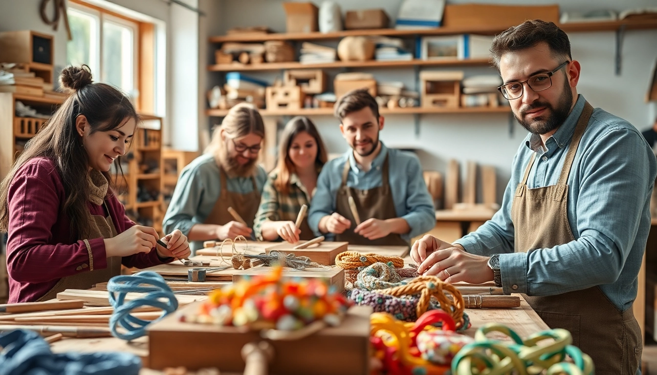 Engaging artisans in craft training programs, showcasing their skills in a bright workshop.
