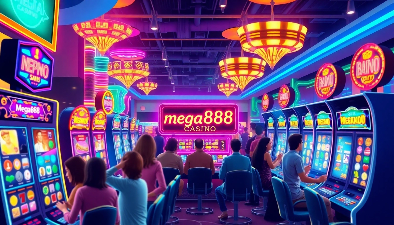 การเล่นเกมสล็อตจาก https://mega888slot.asia/ ในบรรยากาศของคาสิโนที่มีสีสันสดใสและแข่งขัน
