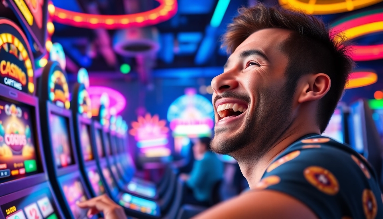 Celebrate your wins at Vegas hero with a vibrant casino atmosphere and joyful player.