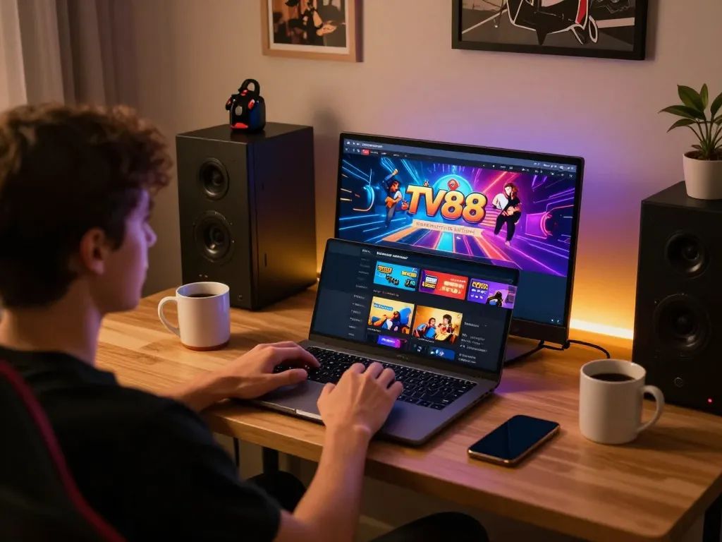 Player engaging with TV88 online casino from home, showcasing immersive gaming experience