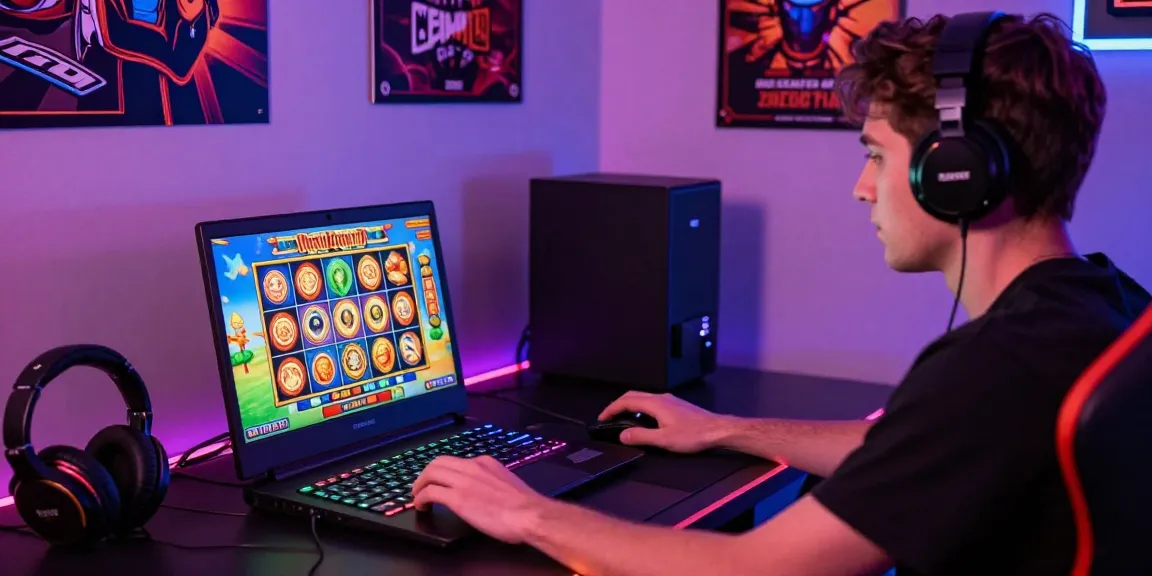 Koitoto gaming scene with player enjoying vibrant slot game experience on laptop and colorful graphics