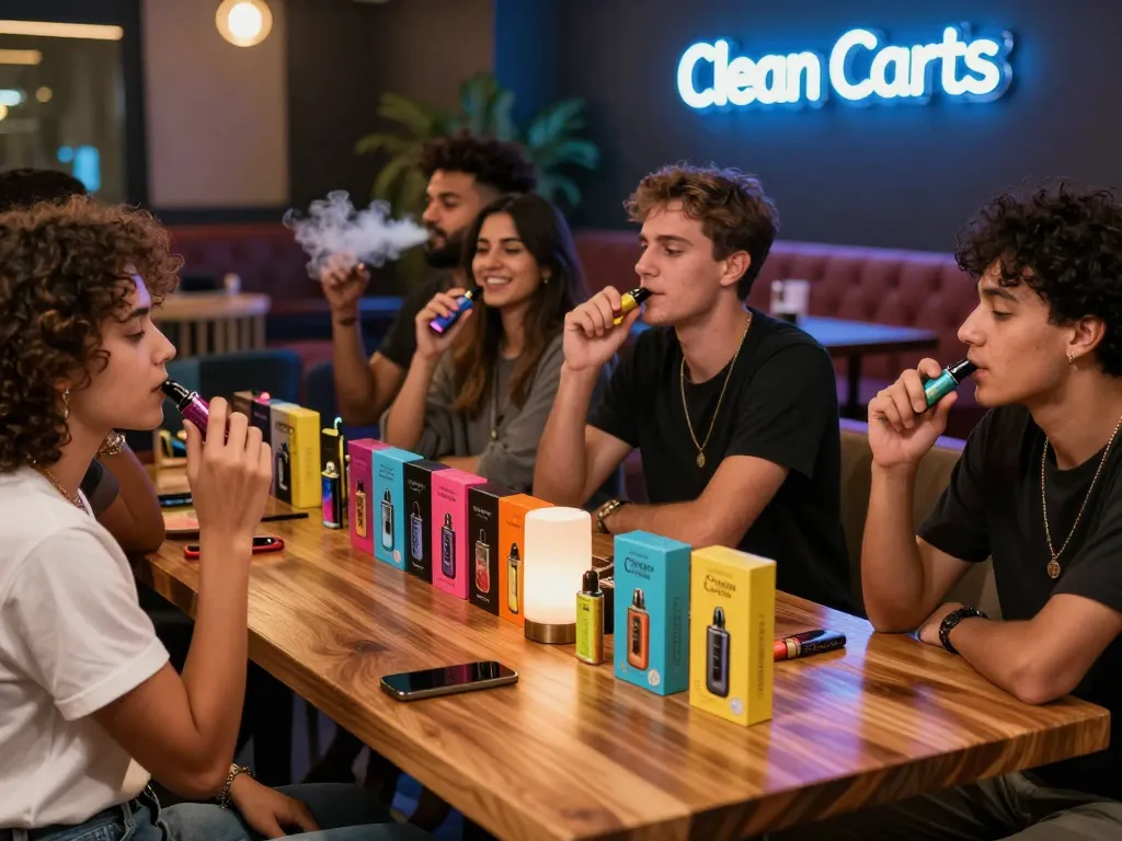 Friends enjoying Clean Carts 2g in a vibrant lounge filled with flavor and camaraderie.