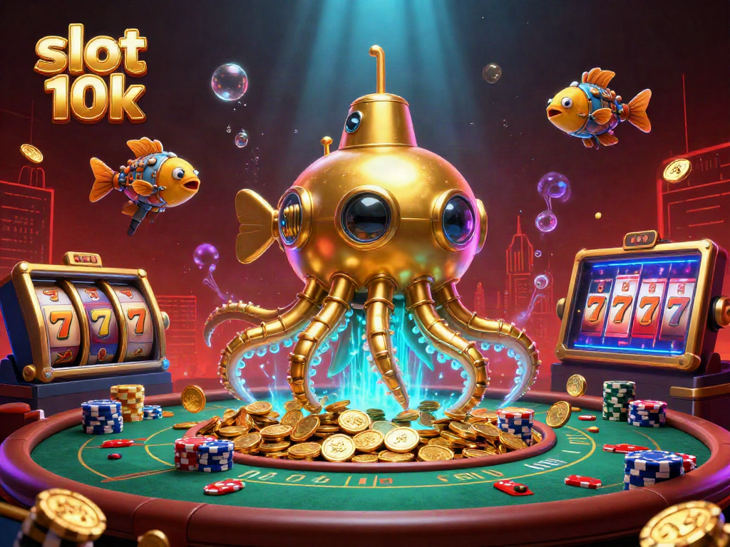 Engaging illustration of slot 10k with a golden kraken submarine and vibrant gambling elements.