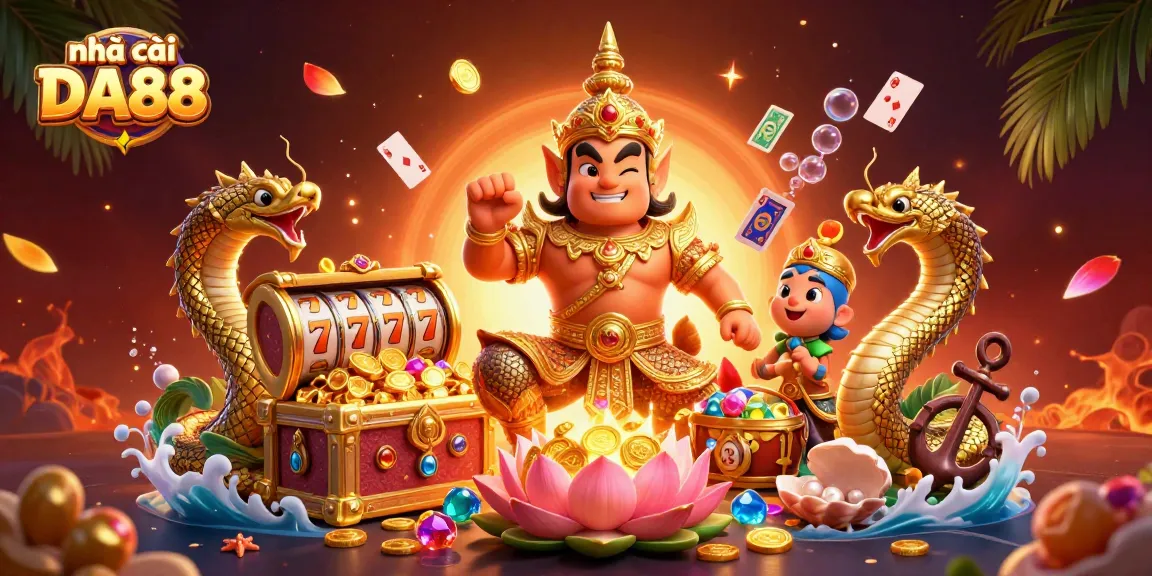 Engage with the excitement of nhà cái DA88 through a stunning casino-themed 3D illustration, showcasing slot reels and treasures.