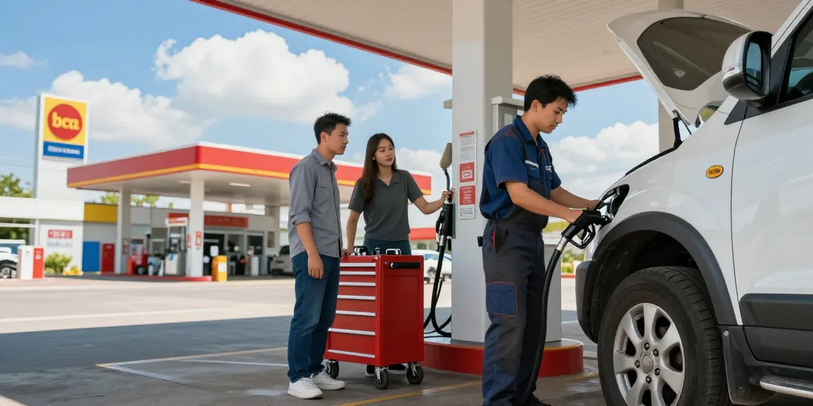 Petrol in diesel car recovery by technician at fuel station ensuring safe fuel drainage.