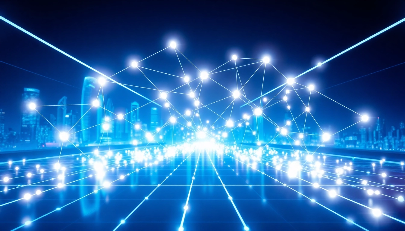 Visual representation of information through a glowing network of data points in a high-tech setting.