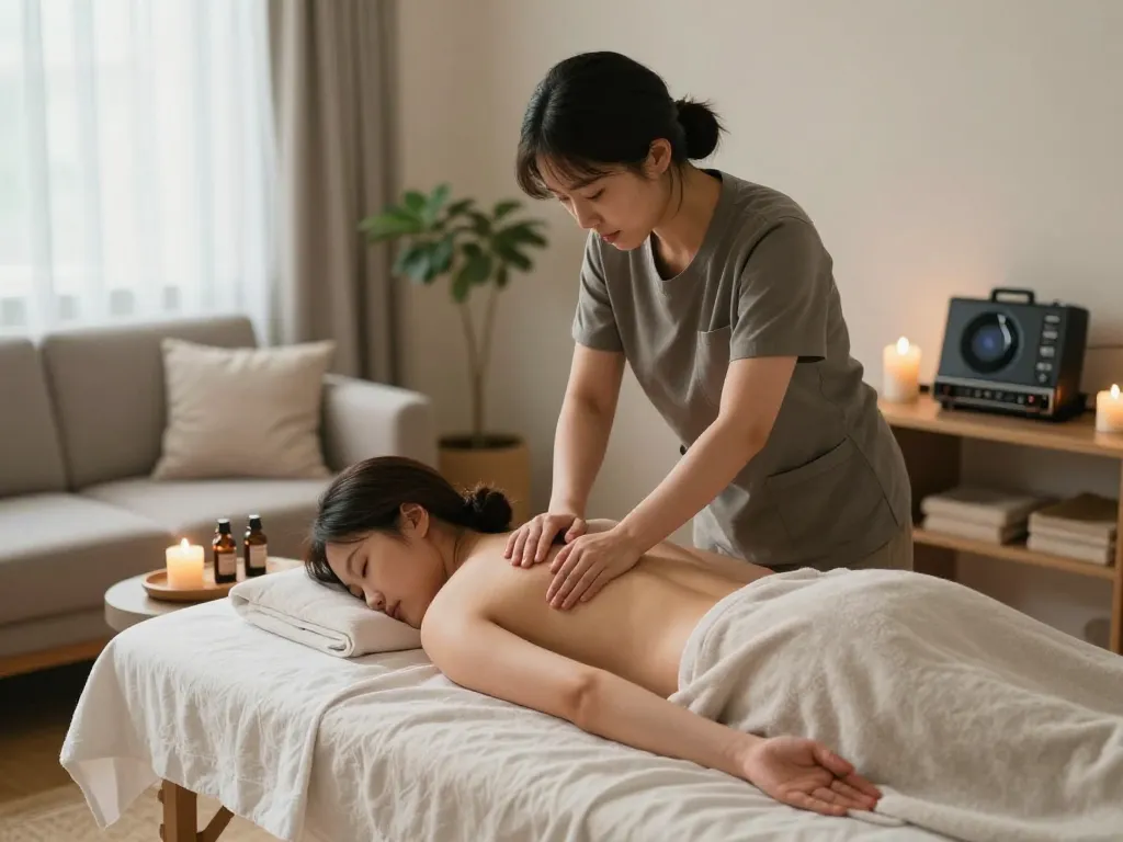Relaxing 서울출장마사지 session in a serene living room with calming decor and natural light.