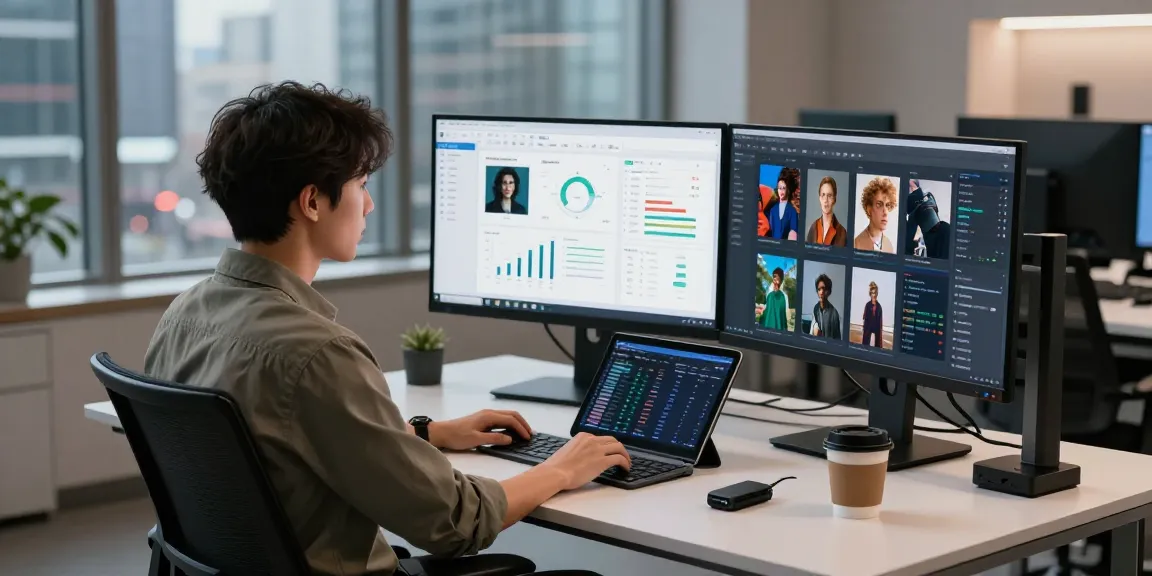 AI image checker interface on dual monitors in a modern workspace