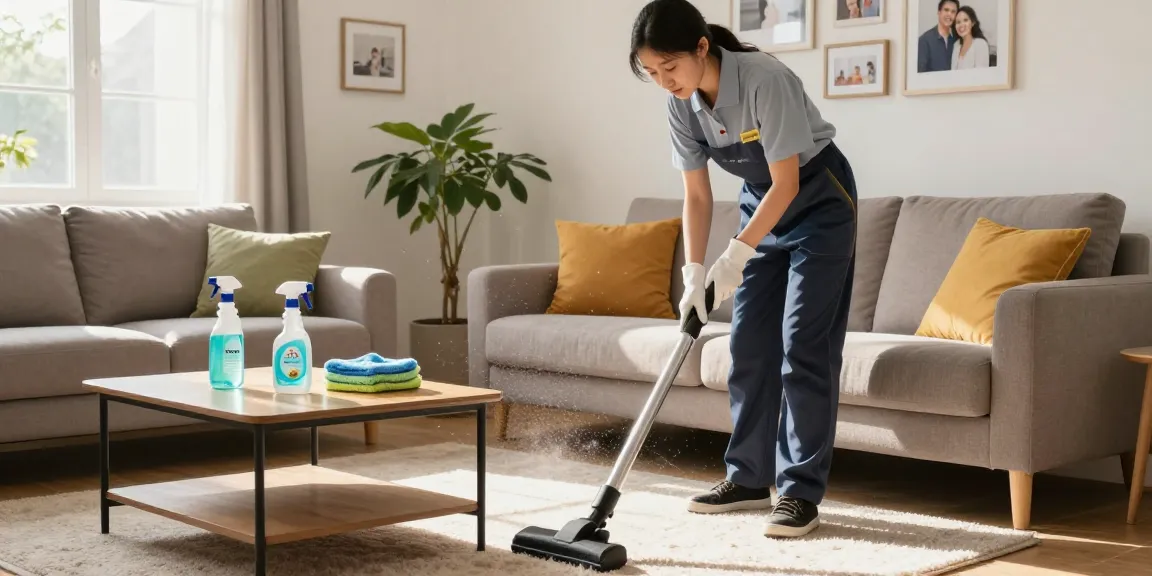 Home cleaning professional vacuuming carpet to click here for effective cleaning solutions.