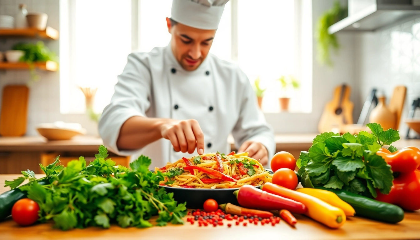 Chef showcasing culinary skills with fresh ingredients at dishfacts kitchen.