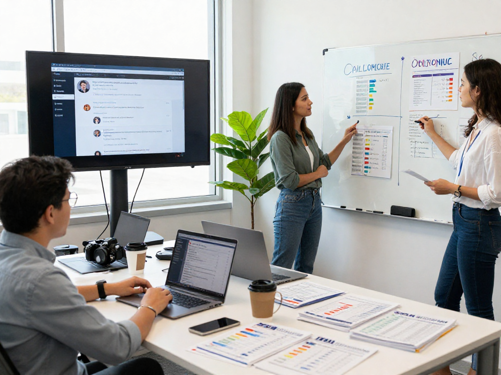 Strategic teamwork protecting candidate reputation online in a modern campaign office.