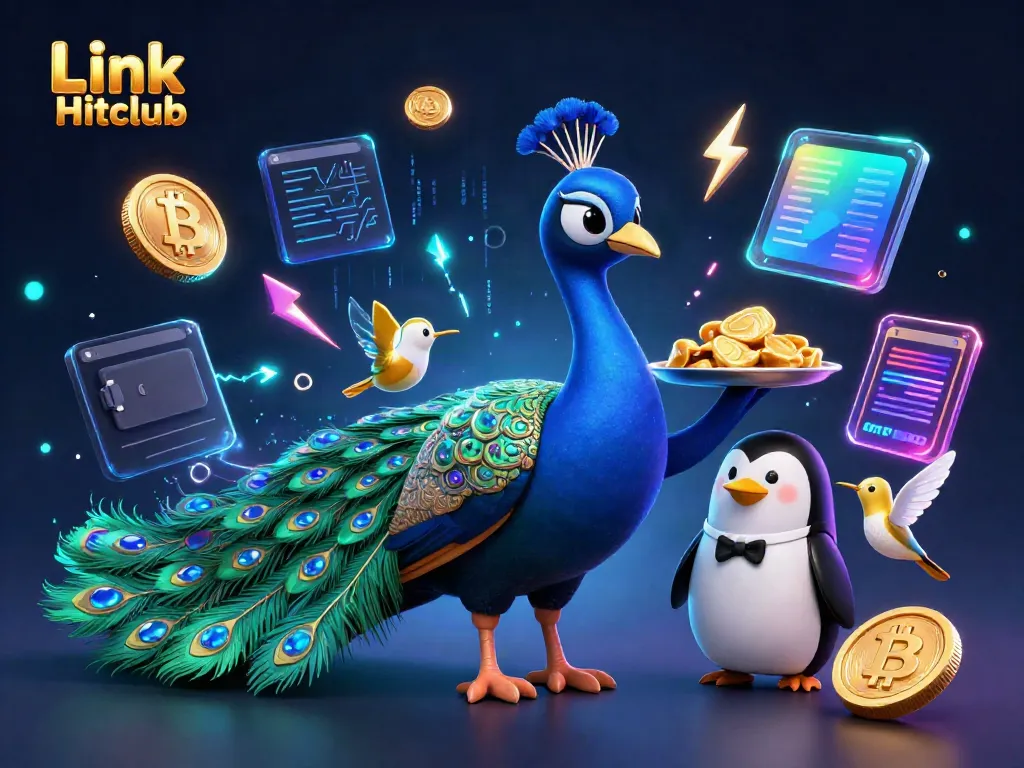 Engage in thrilling gameplay with Link Hitclub's vibrant casino scene featuring dazzling characters, gold chips, and crypto elements.