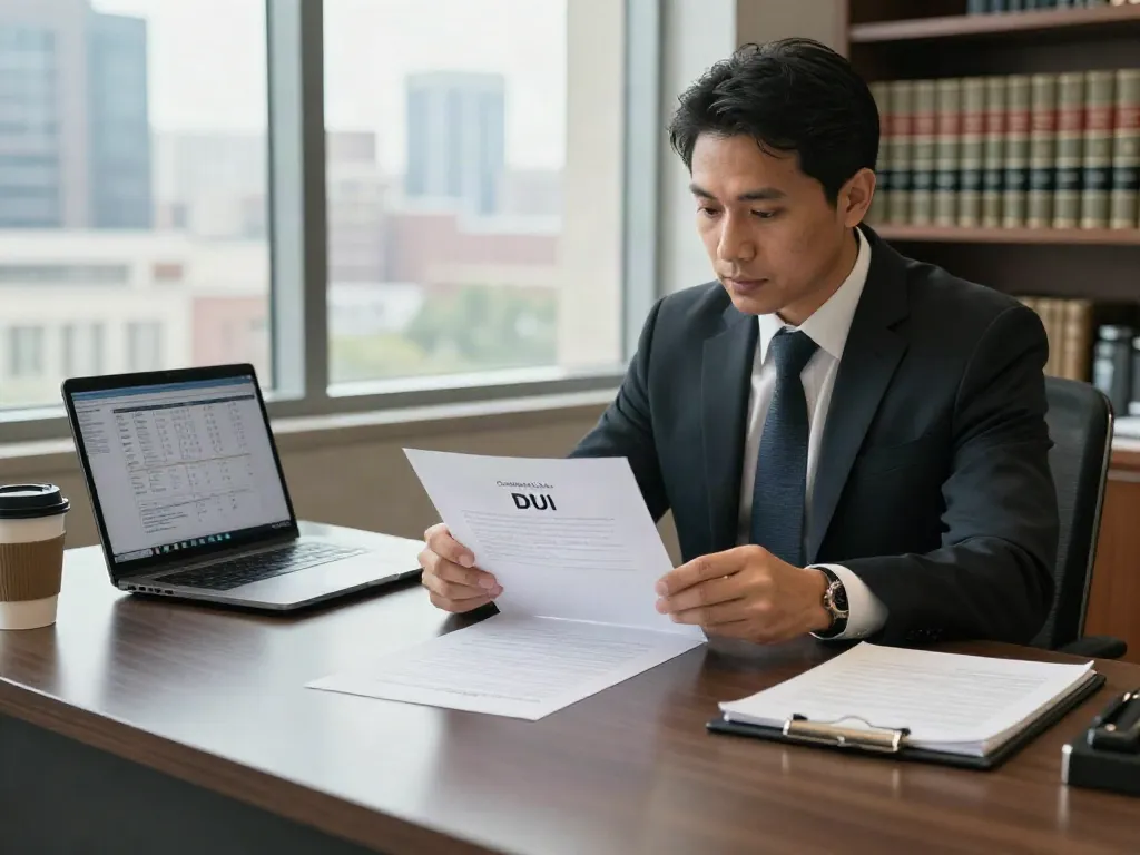 DUI report in Cumming GA being reviewed by a criminal defense lawyer in a modern office.