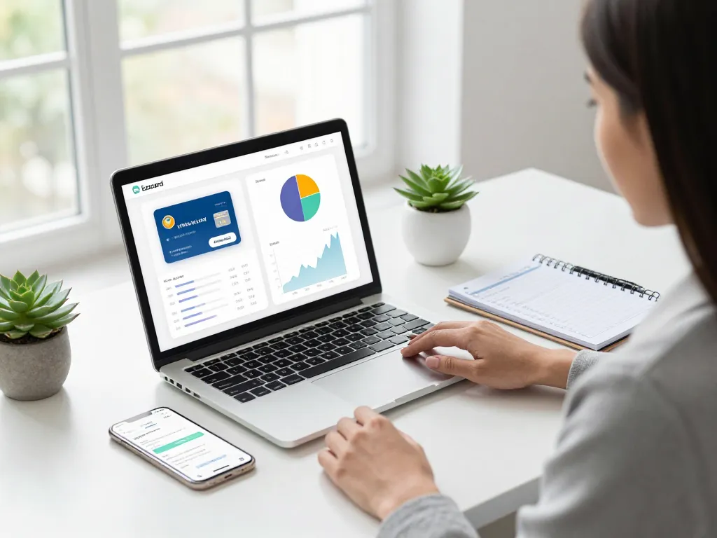 Ezzocard virtual card interface displayed on a laptop in a professional finance workspace.