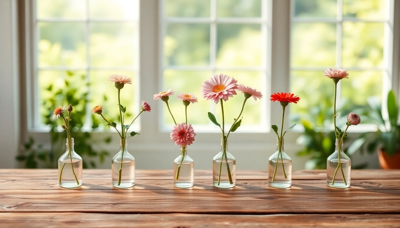 Display elegant bud vases holding vibrant flowers on a rustic table in natural light.