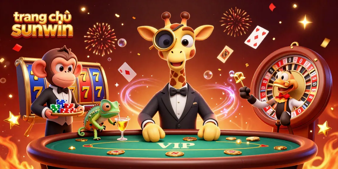 Experience vibrant gaming at trang chủ sunwin with a high-roller giraffe and monkey valet in a lively casino scene.