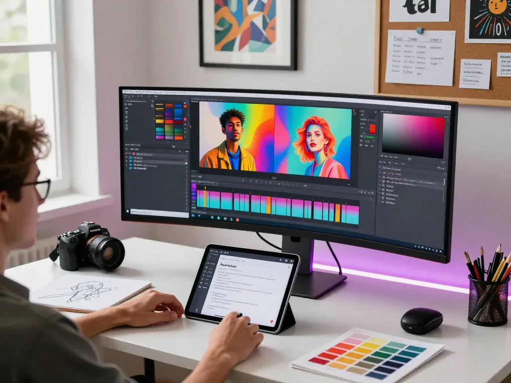 Digital artist using nano banana for innovative AI image editing in a modern studio.
