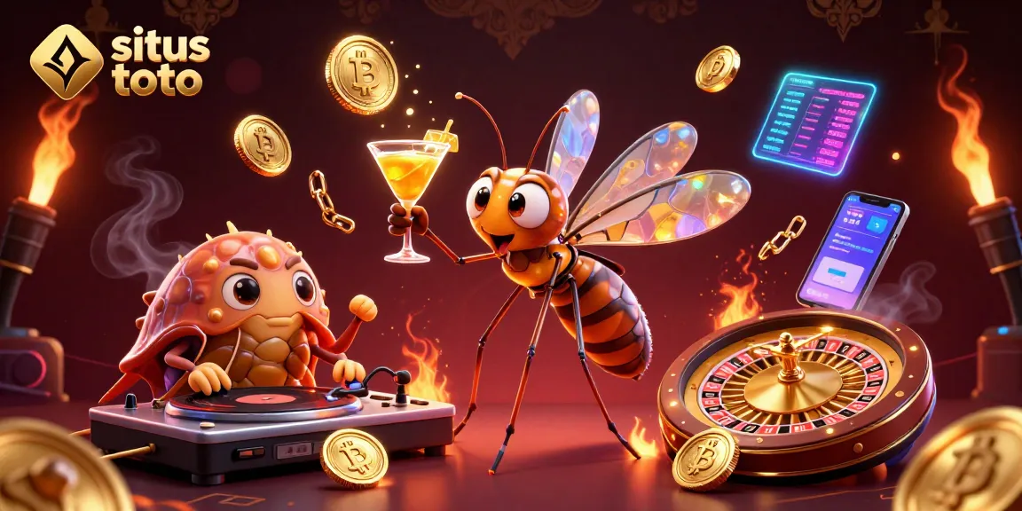 Engage with situs toto through a vibrant casino scene featuring animated characters and crypto elements.